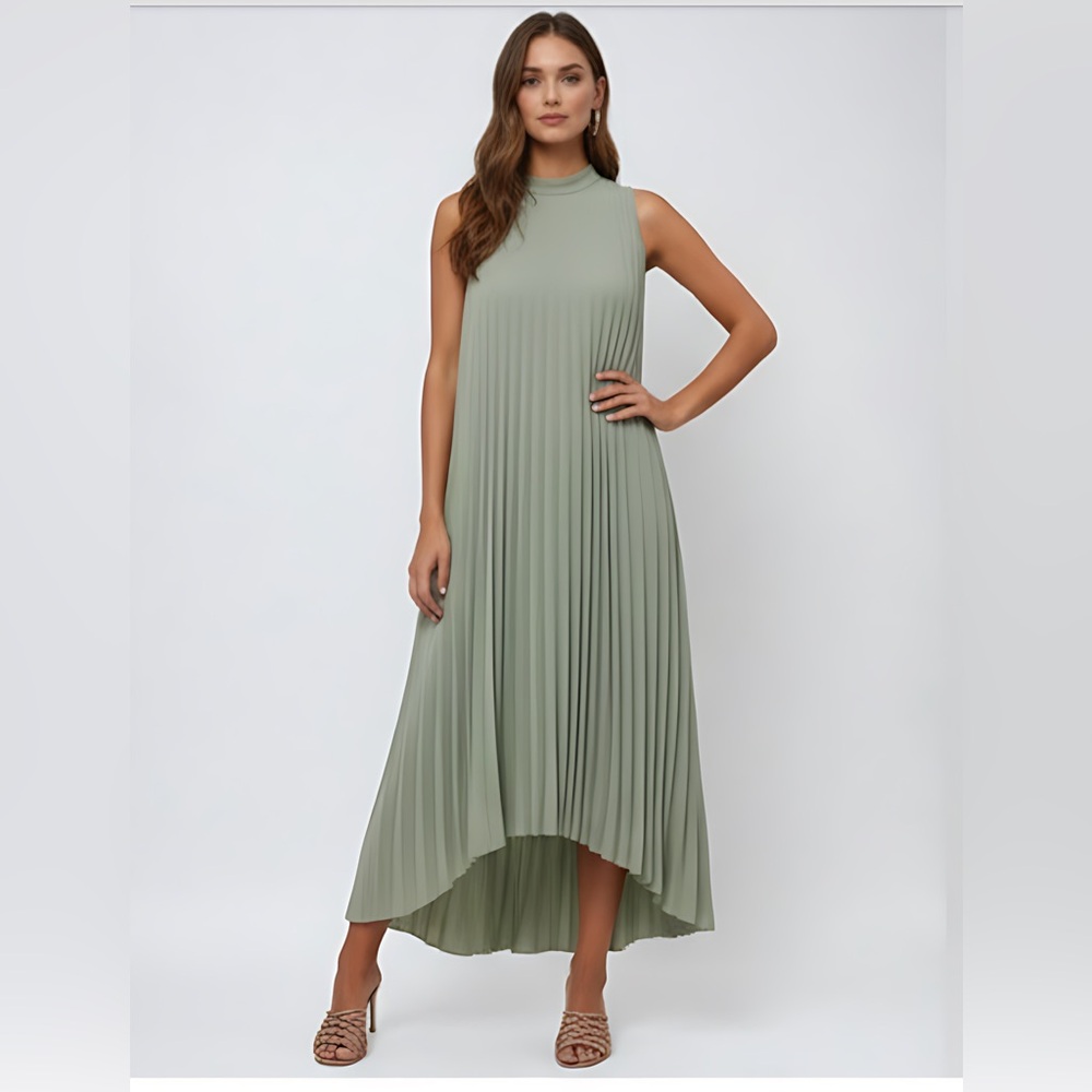 High Low Hem Pleated Swing Dress Green
